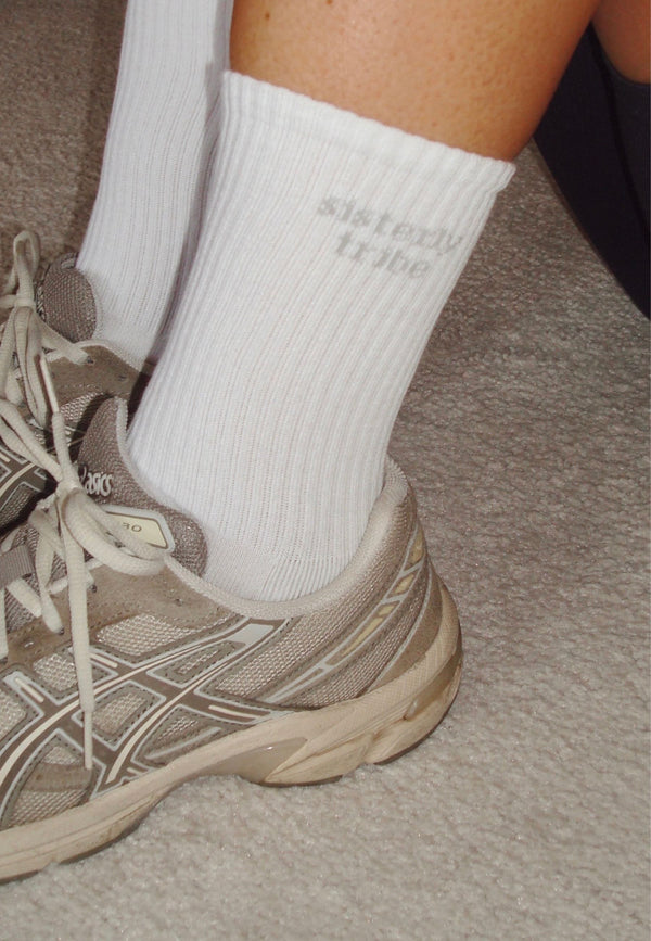 SISTERLY TRIBE CREW SOCKS - WHITE/ GREY