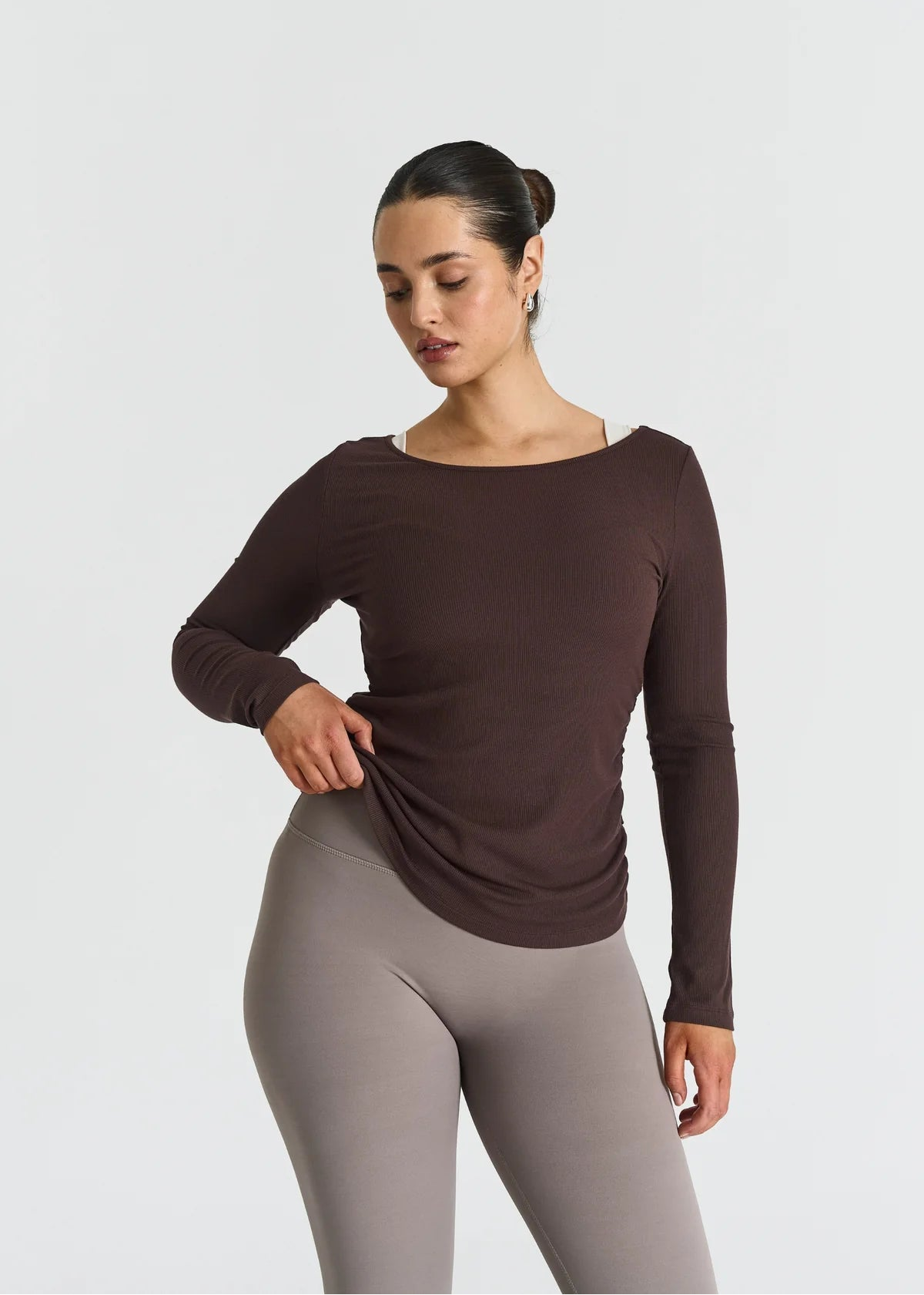 RIBBED LONG SLEEVE TOP - ESPRESSO